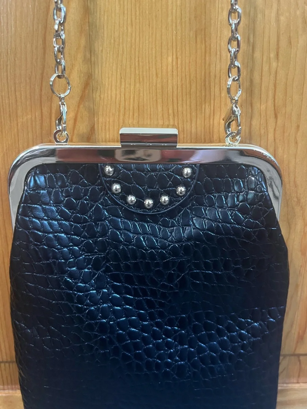White House Black Market Black Croc-Embossed Frame Wristlet Clutch